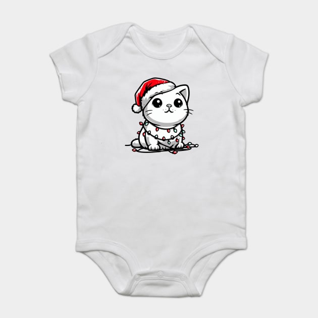 Cute Christmas Cat Santa Hat Christmas Lights Adorable Baby Bodysuit by Frank Ring